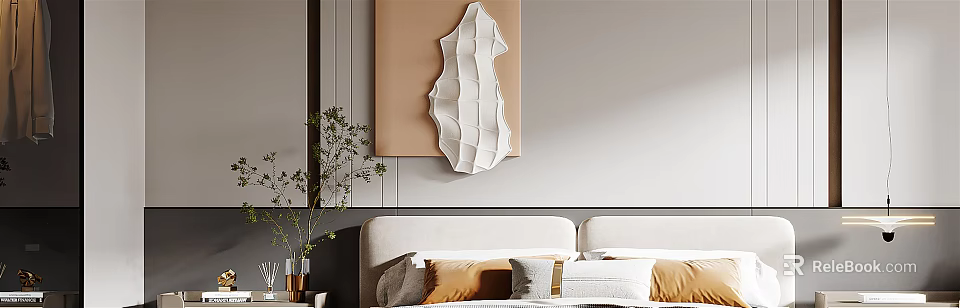Modern Bedroom Interior With Neutral Headboard White Sculptural Wall Decor Warm Pillows And Potted Plant 3d model 