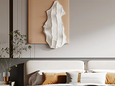 Modern Bedroom Interior With Neutral Headboard White Sculptural Wall Decor Warm Pillows And Potted Plant 3d model