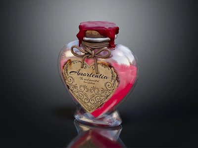 Amorentia Labeled Medical Glass Container Heart Shaped With Red Cap And Pink Powder 3d model