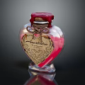 Amorentia Labeled Medical Glass Container Heart Shaped With Red Cap And Pink Powder