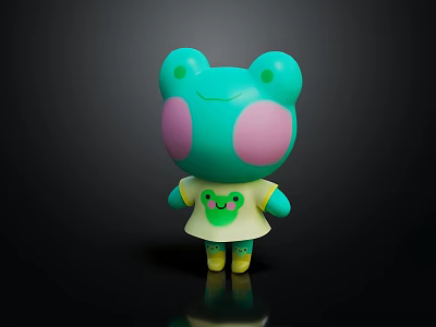 Green Frog Themed Cartoon Character With Pink Cheeks And Yellow Outfit Featuring Small Frog Design 3d model