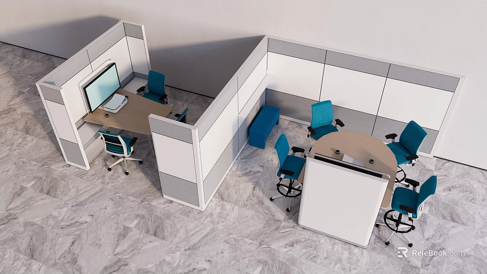 Modern Conference Room Interior With Partition Workstations Blue Chairs And Round Table 3d model 