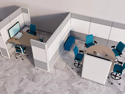 Modern Conference Room Interior With Partition Workstations Blue Chairs And Round Table 3d model