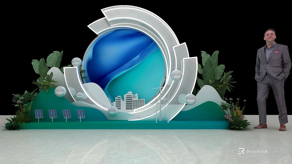 Circular Art Installation With Blue Green Waves City Skyline Wind Turbines Solar Panels And Plants 3d model 