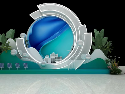Circular Art Installation With Blue Green Waves City Skyline Wind Turbines Solar Panels And Plants 3d model
