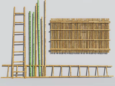 Bamboo Garden Decor With Ladders Poles Fence Panels And Shelves 3d model
