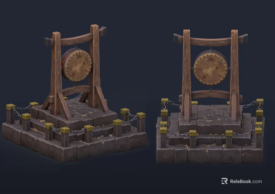 Traditional Wooden Frame Structure With Circular Metal Disc Stone Base Platform Chains And Decorative Posts 3d model