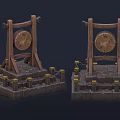 Traditional Wooden Frame Structure With Circular Metal Disc Stone Base Platform Chains And Decorative Posts 3d model