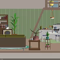 Cartoon Interior Scene with Striped Wall Bookshelf Green Plants Sofa Dining Table and Hanging Lamp