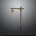 Vintage Street Lamp Design With Wooden Pole Carved Details And Hanging Lantern