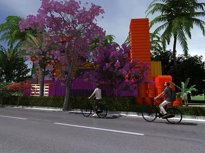 Orange Container Building with Purple Trees Palm Trees and People Riding Bicycles by Roadside 3d model