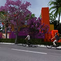 Orange Container Building with Purple Trees Palm Trees and People Riding Bicycles by Roadside