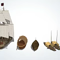 Various Types Of Wooden Boats Including Large Sailing Ship And Small Craft With Sails