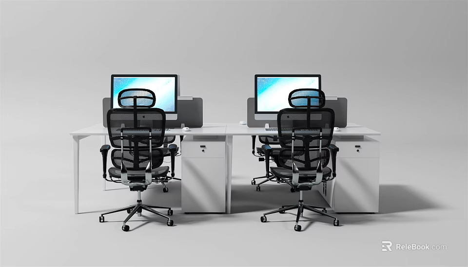 Two White Office Desks With Computer Monitors And Black Office Chairs 3d model 