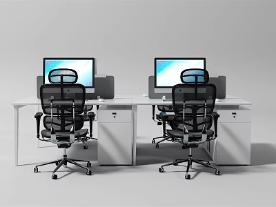 Two White Office Desks With Computer Monitors And Black Office Chairs 3d model