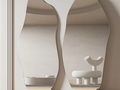 Modern Unique Shape Mirror Design In Interior With Decorative Sculpture And Minimalist Style 3d model
