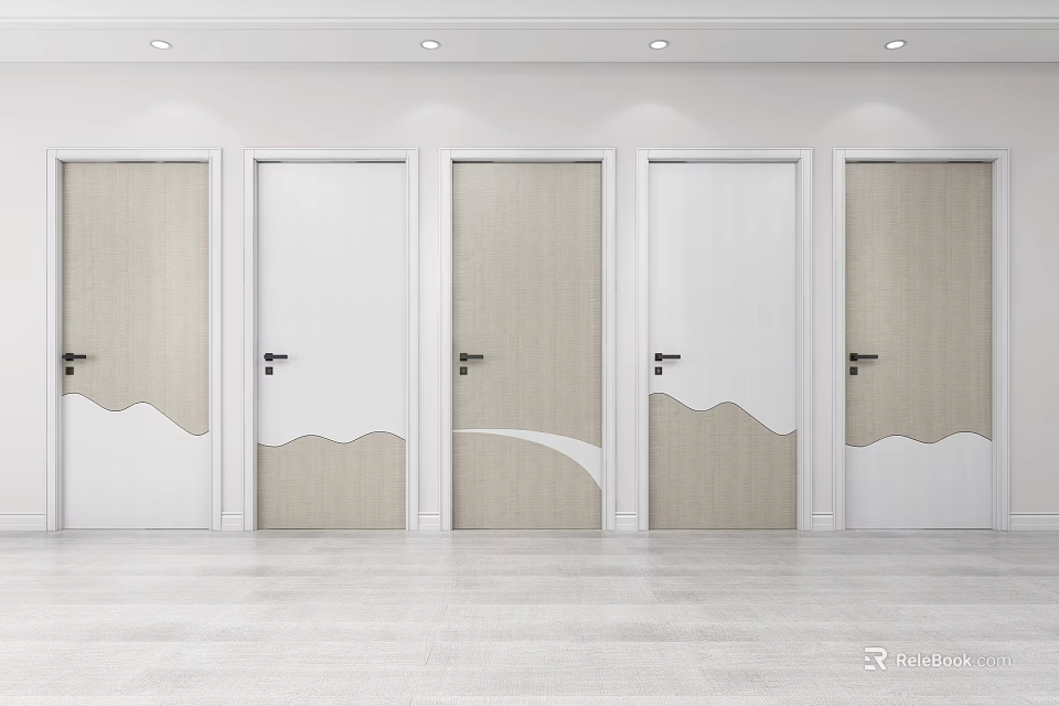 Modern Interior Swing Doors Featuring White and Beige Wavy Patterns Design 3d model
