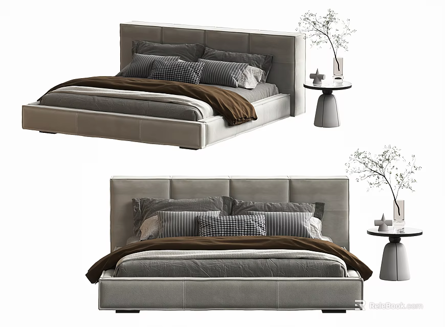 Modern Upholstered Double Bed With Gray Headboard And Bedside Table 3d model