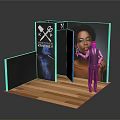 Modern Exhibition Booth Interior With Wooden Floor Black Walls Hair Styling Tools Icons And Model