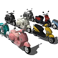 Colorful Motor Scooters in Various Styles with Red Blue Yellow Pink and Green Designs