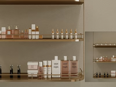 Elegant Modern Bathroom Shelf With Gold Frame Holding Various Skincare And Toiletries Bottles 3d model