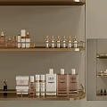 Elegant Modern Bathroom Shelf With Gold Frame Holding Various Skincare And Toiletries Bottles