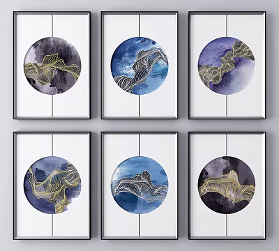 Six Framed Circular Wall Art With Blue Purple Gold Landscape Patterns And White Frames 3d model
