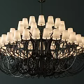 Elegant Chandelier With White Lampshades And Intricate Black Metal Frame