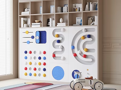 White Kids Bookcase with Storage Shelves Interactive Panel Colorful Dots Maze Track and Toy Car 3d model