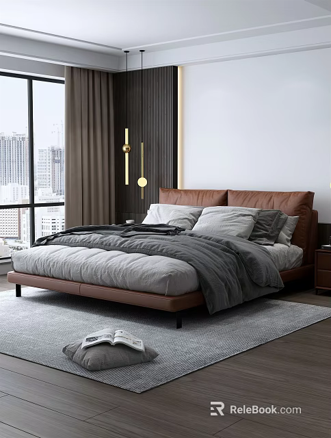 Modern Bedroom Interior With Brown Leather Headboard Gray Comforter White Pillows And Large Window Curtains 3d model 