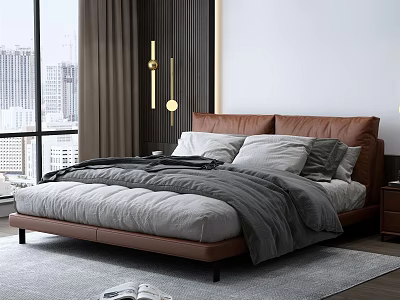 Modern Bedroom Interior With Brown Leather Headboard Gray Comforter White Pillows And Large Window Curtains 3d model