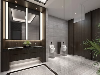 Modern Public Restroom With Mirrored Vanity Sinks Urinals Wooden Panels And Marble Floors 3d model