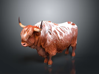 Highland Cow With Long Fluffy Brown Coat And Curved Horns 3d model