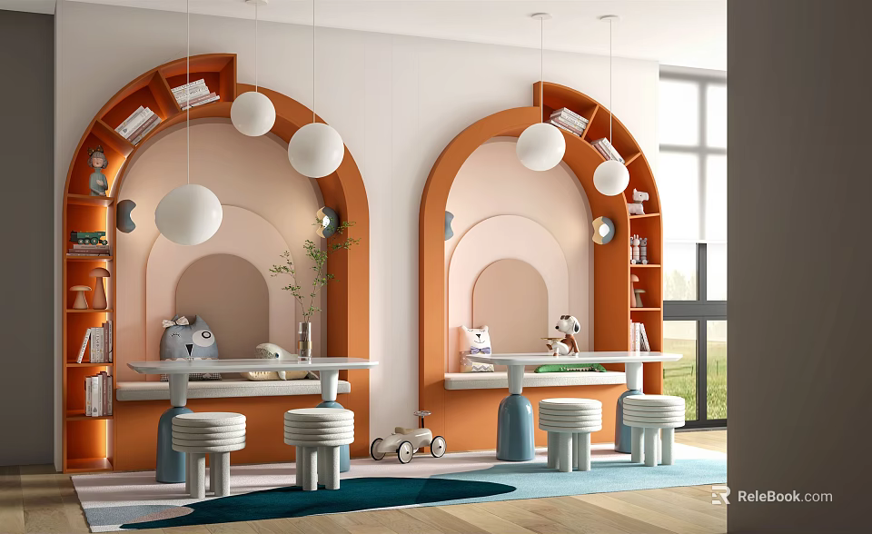 Kids Room Interior with Double Desks Orange Bookshelves Round Pendant Lights and Blue Rug 3d model 