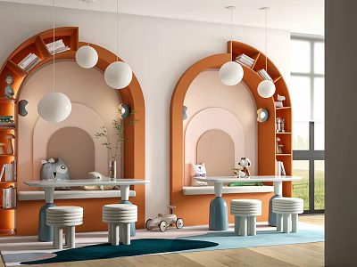 Kids Room Interior with Double Desks Orange Bookshelves Round Pendant Lights and Blue Rug 3d model