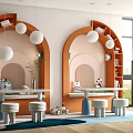 Kids Room Interior with Double Desks Orange Bookshelves Round Pendant Lights and Blue Rug
