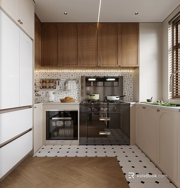 Modern Kitchen Interior With Wooden Cabinets White Refrigerator Tile Backsplash And Black White Floor Tiles 3d model 