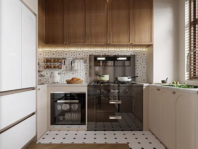 Modern Kitchen Interior With Wooden Cabinets White Refrigerator Tile Backsplash And Black White Floor Tiles 3d model