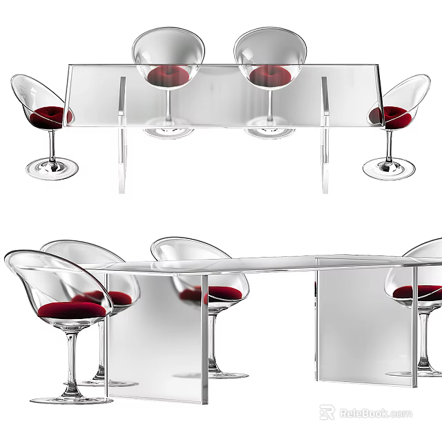 Modern Transparent Dining Table Set With Clear Chairs And Wine Glasses 3d model