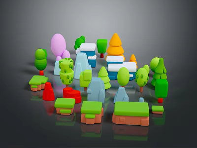 Colorful Geometric Cartoon Landscape With Trees Houses And Vibrant Colors On Dark Background 3d model