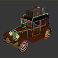 Classic Vintage Purple and Gold Car with Retro Design and Wooden Crate on Roof