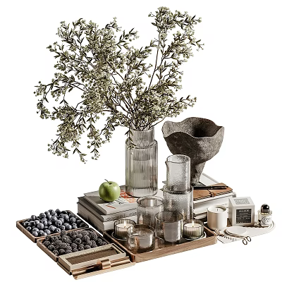Elegant Decorative Ornament Set with Glass Vase Green Plant Books Candles Blueberries and Apple 3d model
