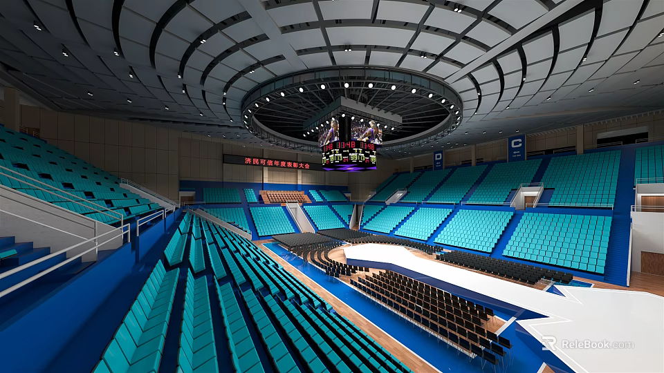 Spacious Indoor Sports Arena With Blue Seats Circular Structure And Large Screen 3d model 