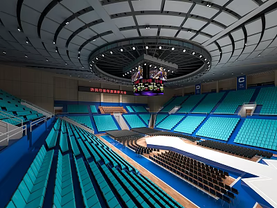 Spacious Indoor Sports Arena With Blue Seats Circular Structure And Large Screen 3d model