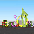 Flower Bed and Flower Pots With Large Green Sculpture Colorful Rings in Outdoor Sky Background