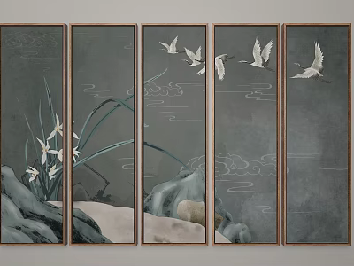 Chinese Traditional Five Panel Screen Art with Cranes Orchids Rocks and Cloud Patterns 3d model