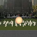 Outdoor Landscape Sculptures With Black Sphere And White Rabbits On Lawn Near Red Brick Building