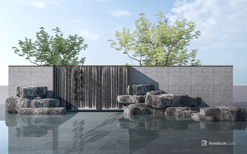 Serene Outdoor Feature Wall With Waterfall Stone Formations And Tree Reflections 3d model
