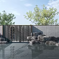 Serene Outdoor Feature Wall With Waterfall Stone Formations And Tree Reflections 3d model