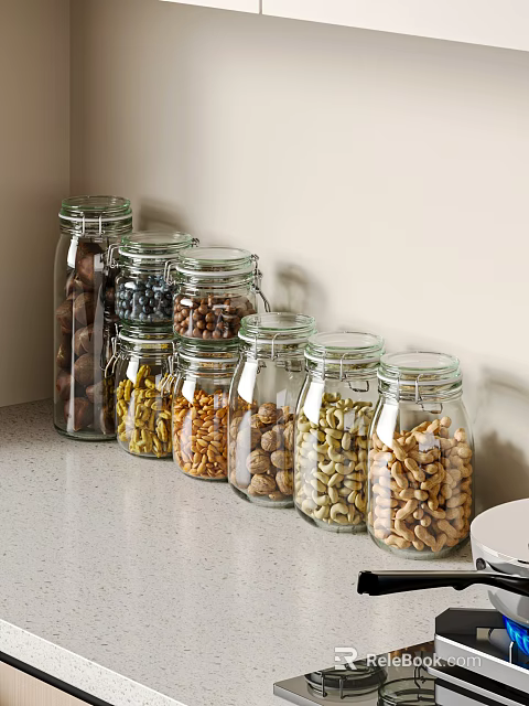 Neatly Arranged Glass Jars Filled With Assorted Nuts On Kitchen Countertop 3d model 